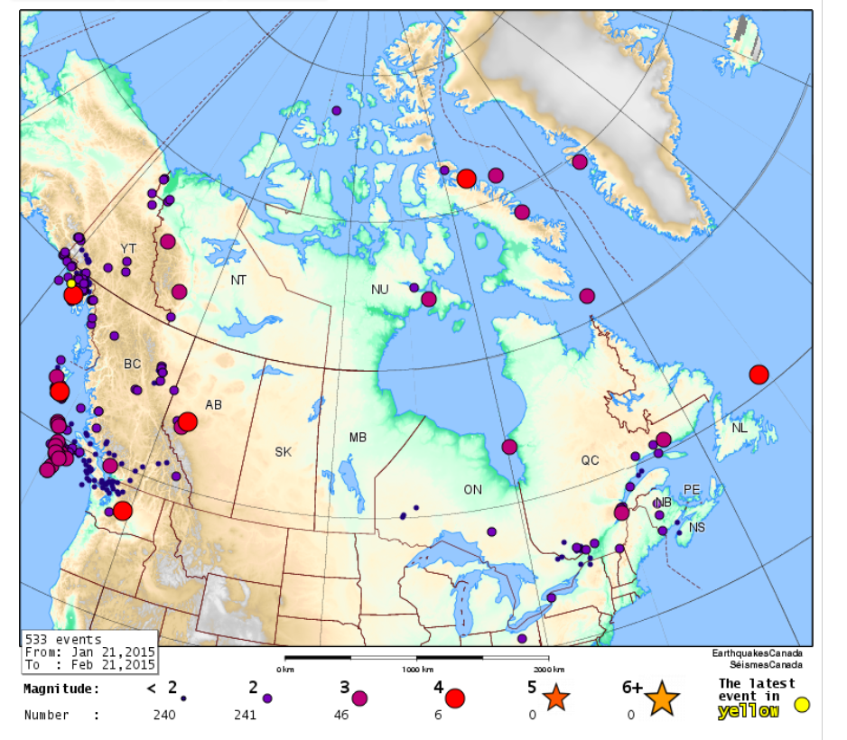 Map of Canada with Earthquake location February 21, 2015